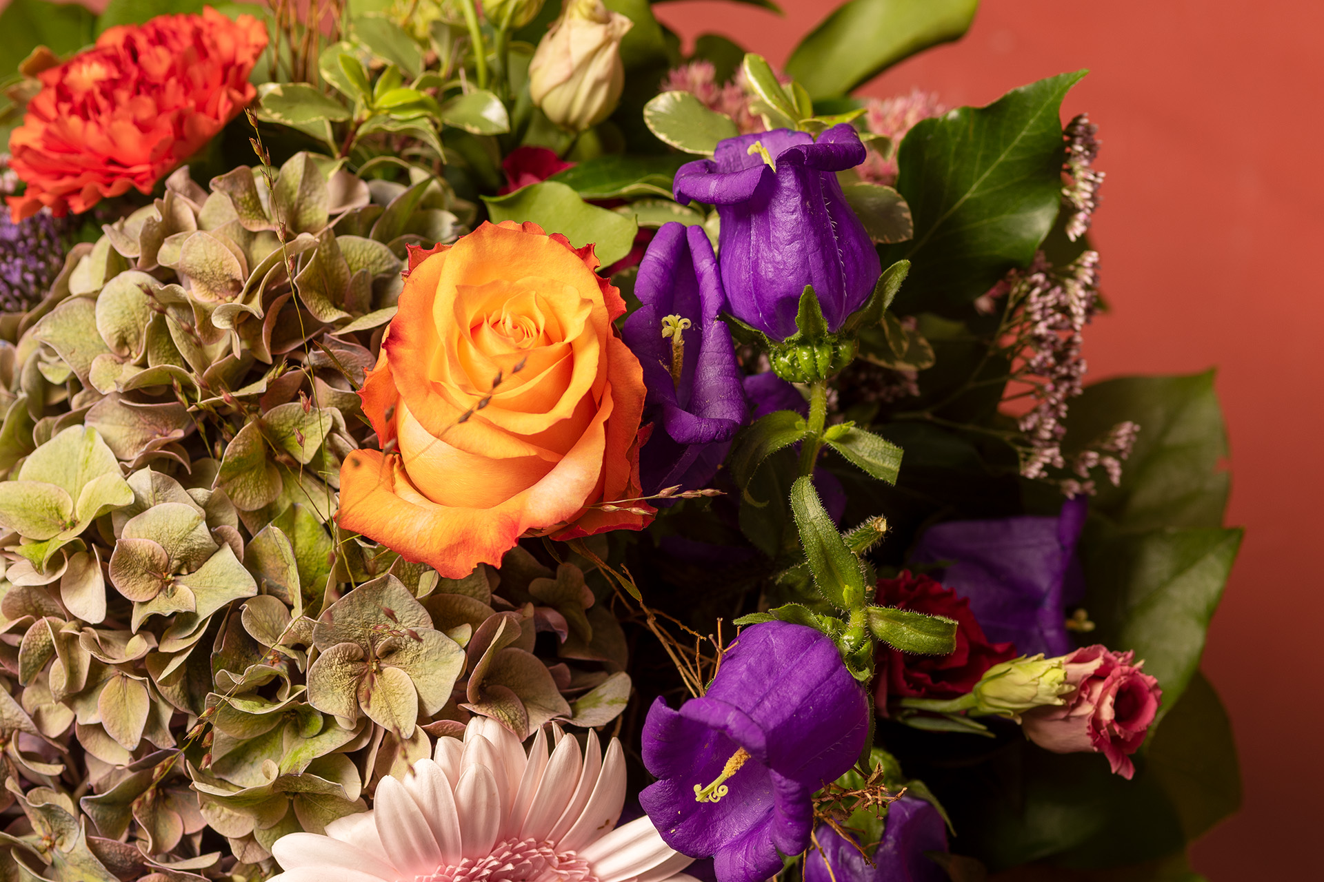 Auf roten Hiintergrund ein Blumenstrauss mit orangen, violetten, rosafarbenen Blüten sowie Blattgrün.